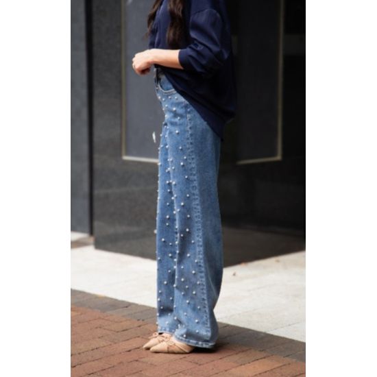 Pearl Embellished High Rise Wide Leg Jeans