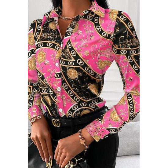Pink Baroque Print Button Down Top