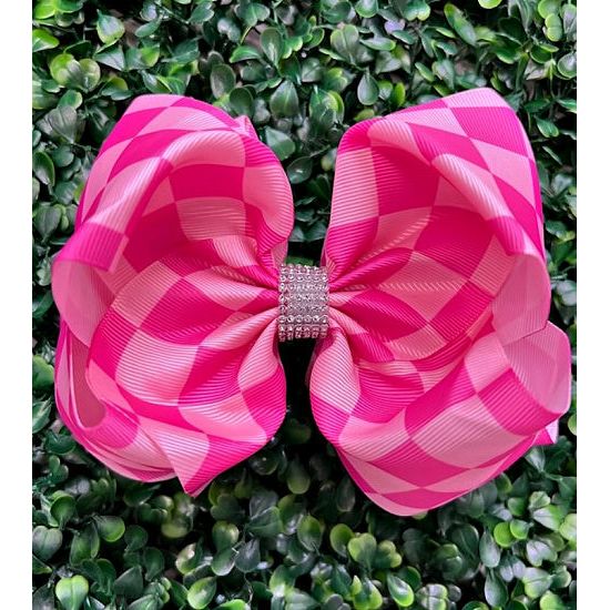 Pink Checkered Hair Bow with Rhinestone Center