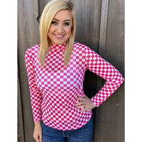 Hot Pink and White Checkered Mesh Long Sleeve Top