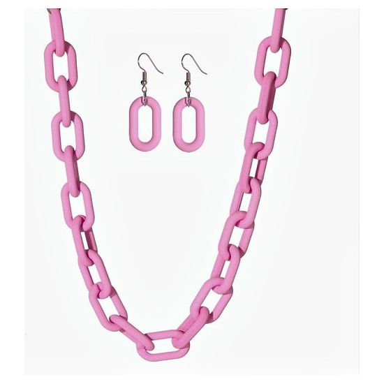 Pink Rubber Coated Chain Necklace and Earrings