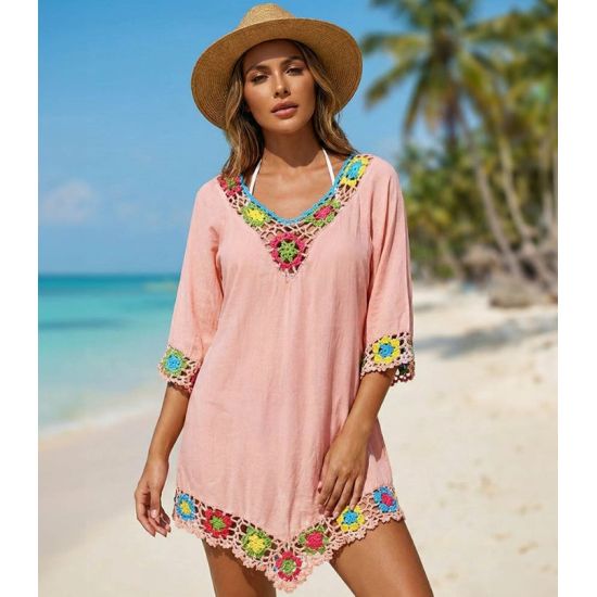 Blush Pink Floral Crochet Beach Cover Up