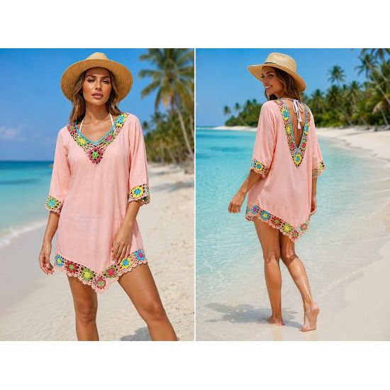 Blush Pink Floral Crochet Beach Cover Up
