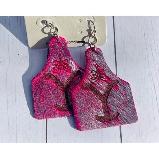 Pink Cowhide Yellowstone Cattle Tag Earrings