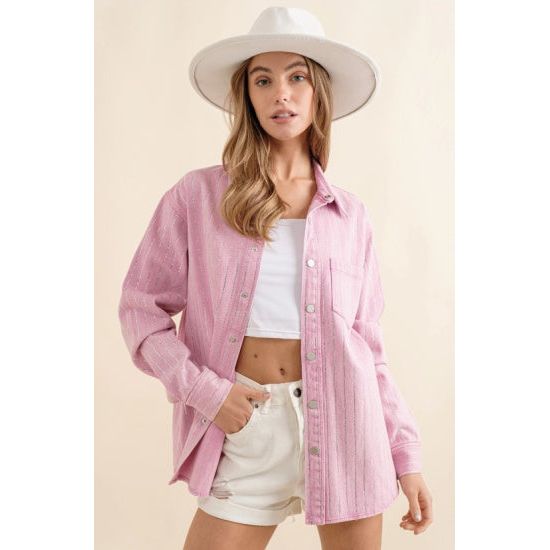 Pink Rhinestone Pinstripe Denim Jacket