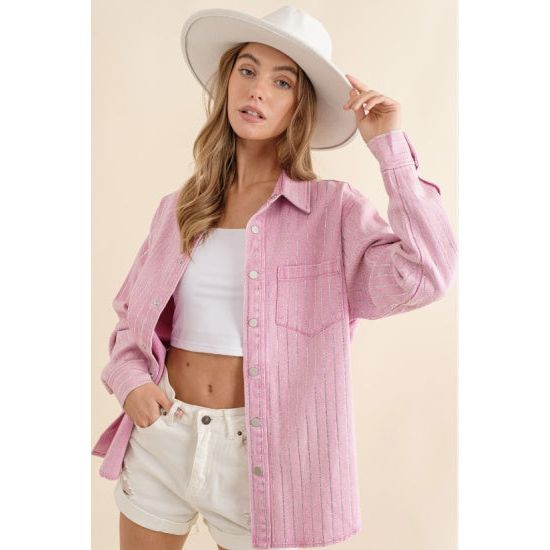 Pink Rhinestone Pinstripe Denim Jacket