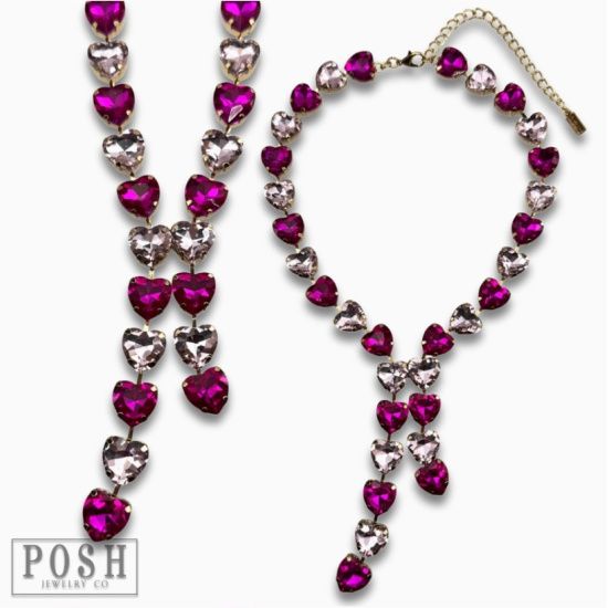 Pink & Fuchsia Rhinestone Heart Lariat Necklace
