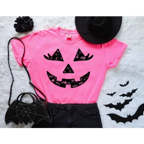 Pink Pumpkin Face Graphic Tee – Halloween Edition