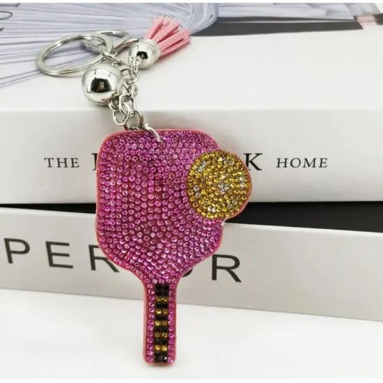 Pink Rhinestone Pickleball Paddle and Ball Keychain
