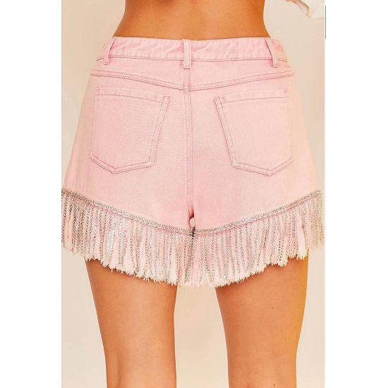 Pink Denim Shorts with Frayed Rhinestone Hem - Rhinestone Gal