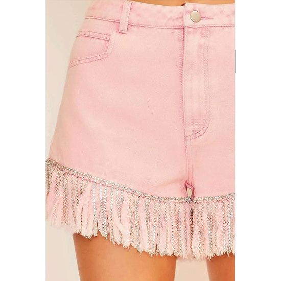 Pink Denim Shorts with Frayed Rhinestone Hem - Rhinestone Gal