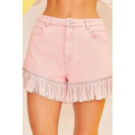 Pink Denim Shorts with Frayed Rhinestone Hem - Rhinestone Gal