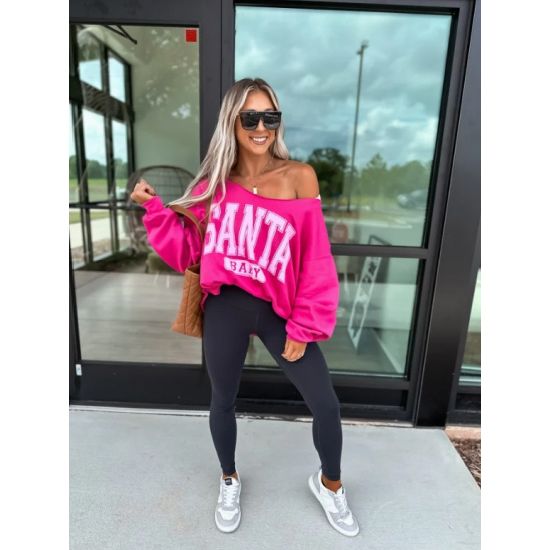 Hot Pink “Santa Baby” Off-Shoulder Sweatshirt – Gildan Unisex Holiday Pullover