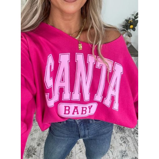 Hot Pink “Santa Baby” Off-Shoulder Sweatshirt – Gildan Unisex Holiday Pullover