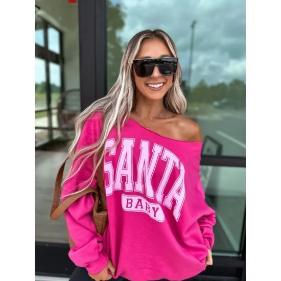 Hot Pink “Santa Baby” Off-Shoulder Sweatshirt – Gildan Unisex Holiday Pullover