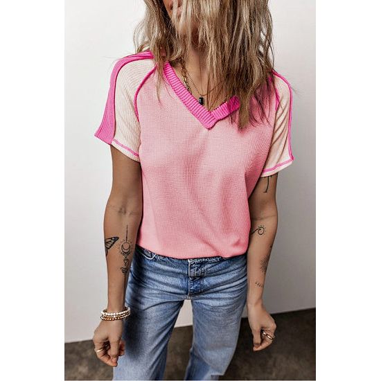 Pink Seam Color Block Knit V Neck Tee - Rhinestone Gal