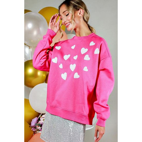 Pink Sweatshirt with White Sequin Hearts