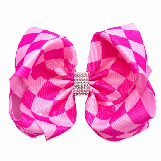 Girls Pink Checkered Double Layer Rhinestone Hair Bow