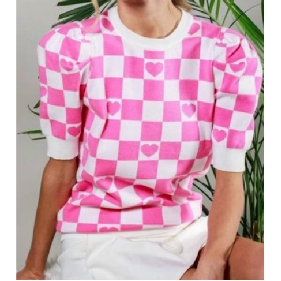 Pink Checkerboard Heart Puff Sleeve Sweater