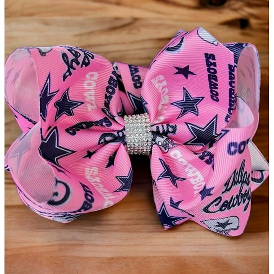 Girls Large Pink Dallas Cowboys Double Layer Hair Bow with Rhinestones