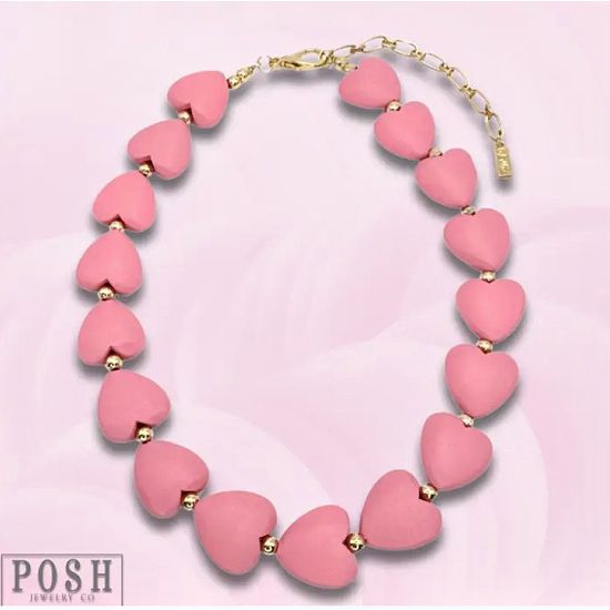 Puffy Pink Heart Wood Necklace