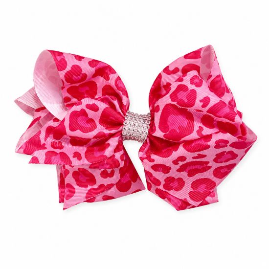 Pink Leopard Double Layer Hair Bow with Rhinestone Center