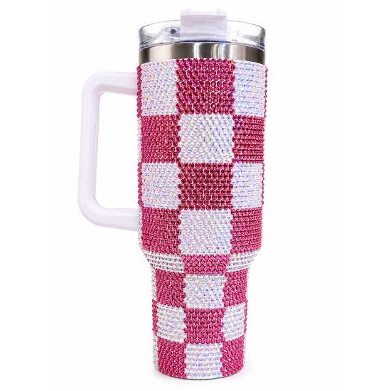 40 oz Pink & White Checkered Rhinestone Tumbler