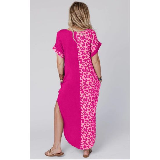 Pink and Leopard Maxi Dress with Rolled Sleeves