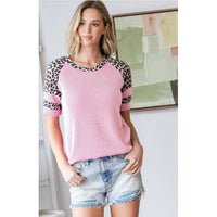 Pink Ribbed Leopard Sleeve Top