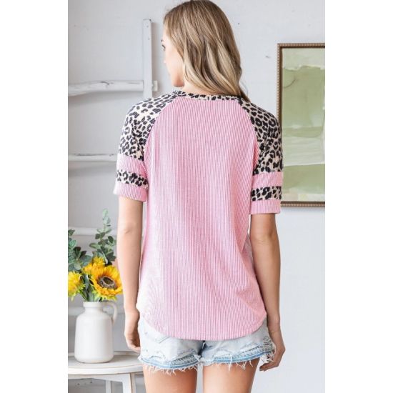 Pink Ribbed Leopard Sleeve Top