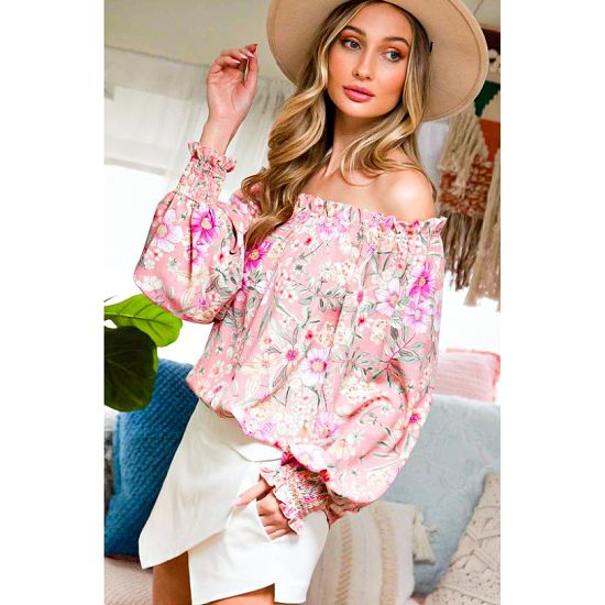 Pink Floral Off-The-Shoulder Balloon Sleeve Top