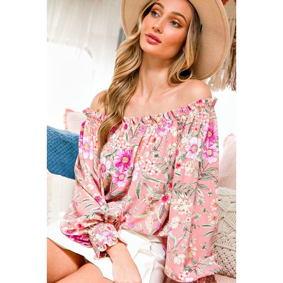 Pink Floral Off-The-Shoulder Balloon Sleeve Top