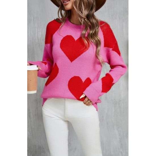 Pink & Red Heart Knit Sweater Pullover