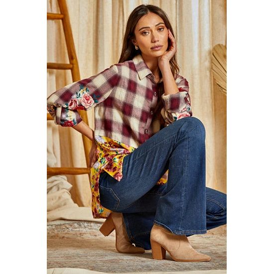 Wine Plaid Button Down Top with Embroidery