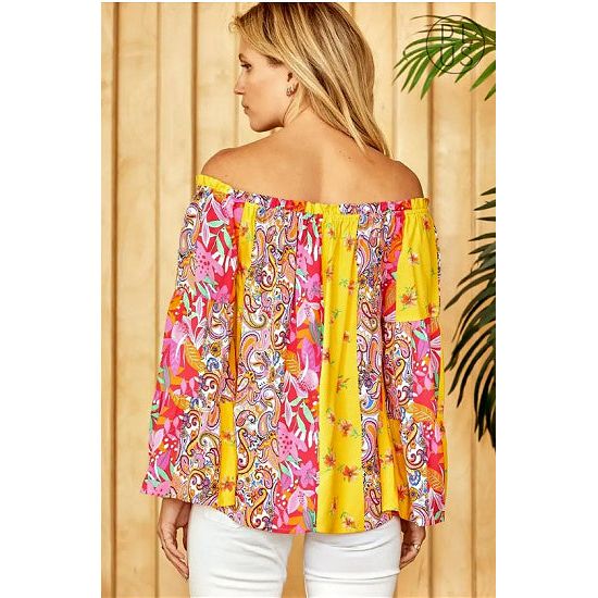 Colorful Yellow and Hot Pink Floral Paisley Print Plus Top