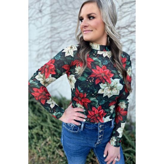 Meet Me Under The Poinsettia Mesh Top – Holiday Floral Long Sleeve