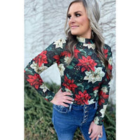 Meet Me Under The Poinsettia Mesh Top – Holiday Floral Long Sleeve