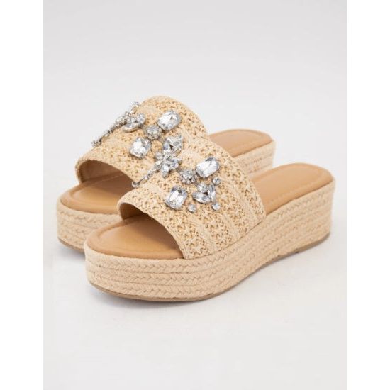 Rhinestone Raffia Platform Sandals – Jewel Embellished & Chic