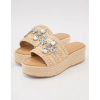 Rhinestone Raffia Platform Sandals – Jewel Embellished & Chic
