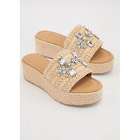 Rhinestone Raffia Platform Sandals – Jewel Embellished & Chic