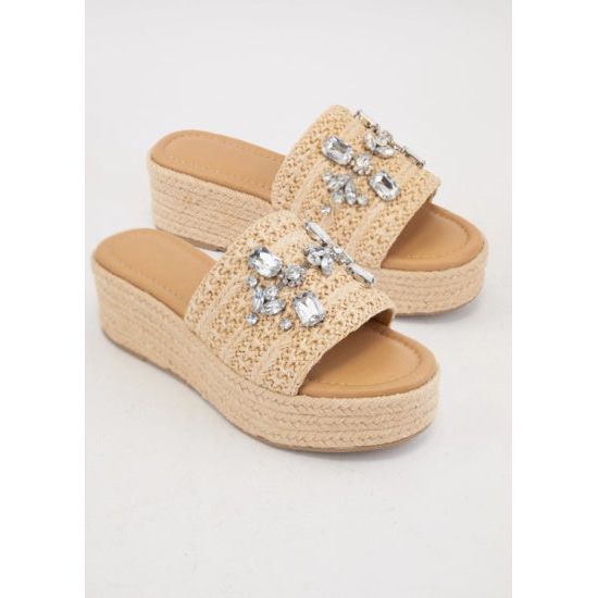 Rhinestone Raffia Platform Sandals – Jewel Embellished & Chic