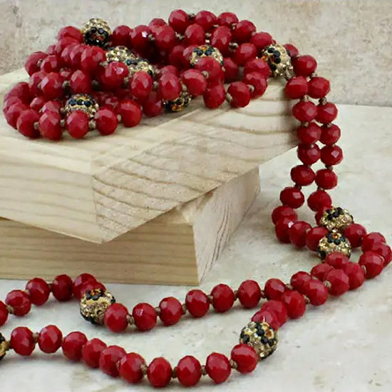 Long Red Beaded Necklace with Leopard Gem Beads