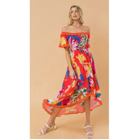 Red Floral Off Shoulder Smocked Hi-Lo Dress