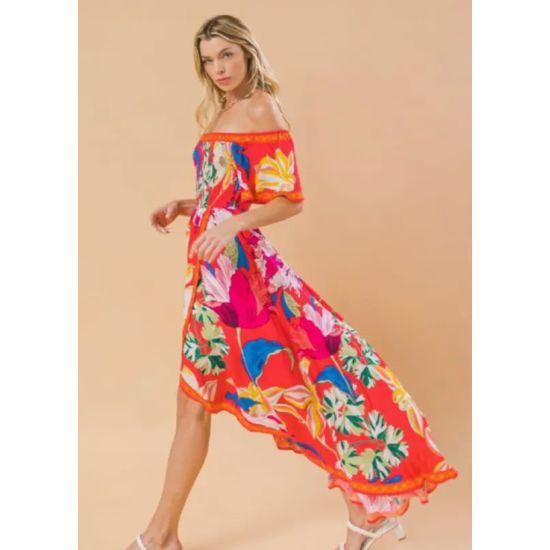 Red Floral Off Shoulder Smocked Hi-Lo Dress