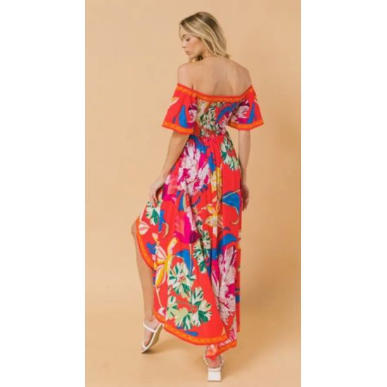 Red Floral Off Shoulder Smocked Hi-Lo Dress