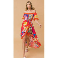 Red Floral Off Shoulder Smocked Hi-Lo Dress