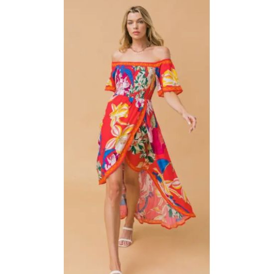 Red Floral Off Shoulder Smocked Hi-Lo Dress