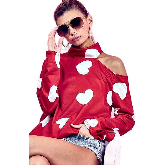 Red Heart Print Top with One Open Shoulder