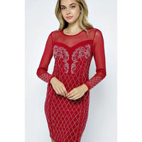 Red Long Sleeve Dress Embellished with Rhinestones