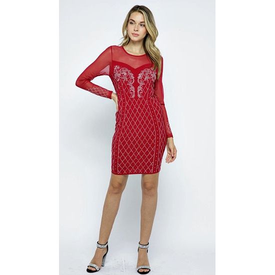 Red Long Sleeve Dress Embellished with Rhinestones